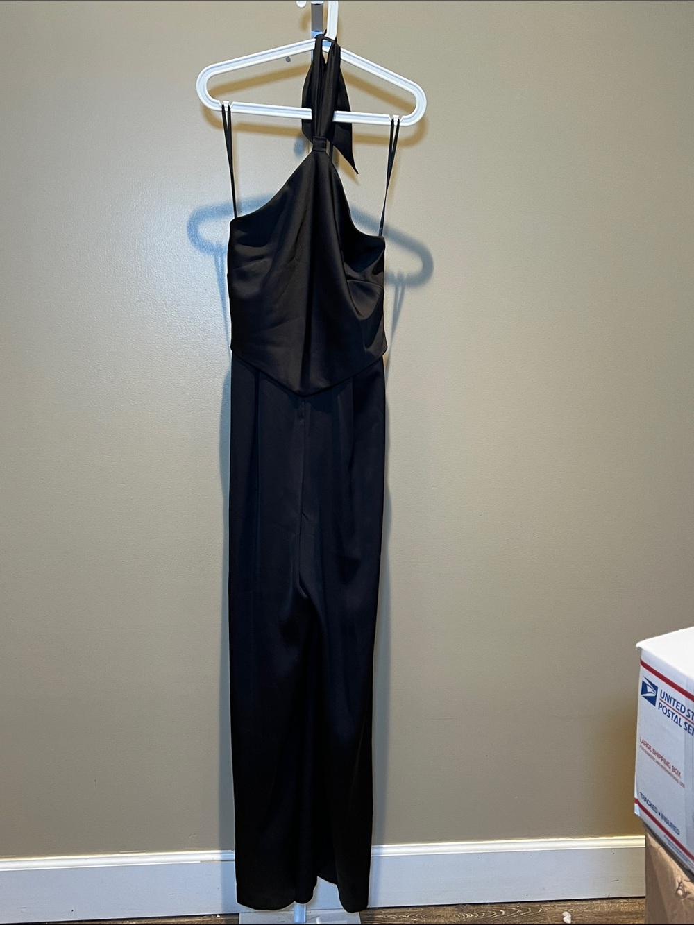 Aqua Black Satin-Effect Halter Jumpsuit